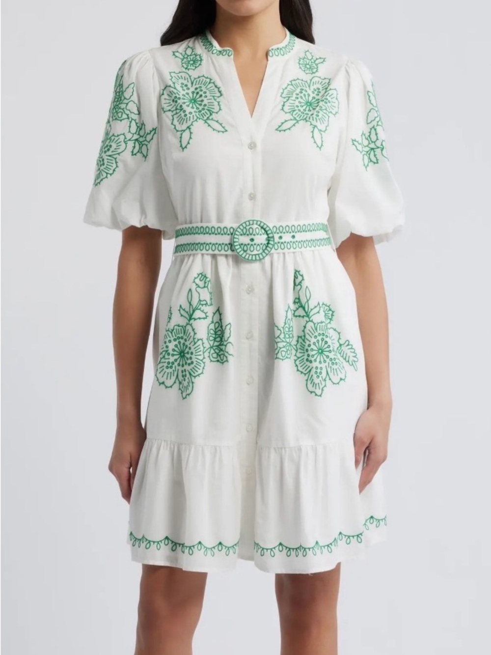 Eliza J White Mini Cotton Dress with Green Floral Embroidery Size 12P NWT